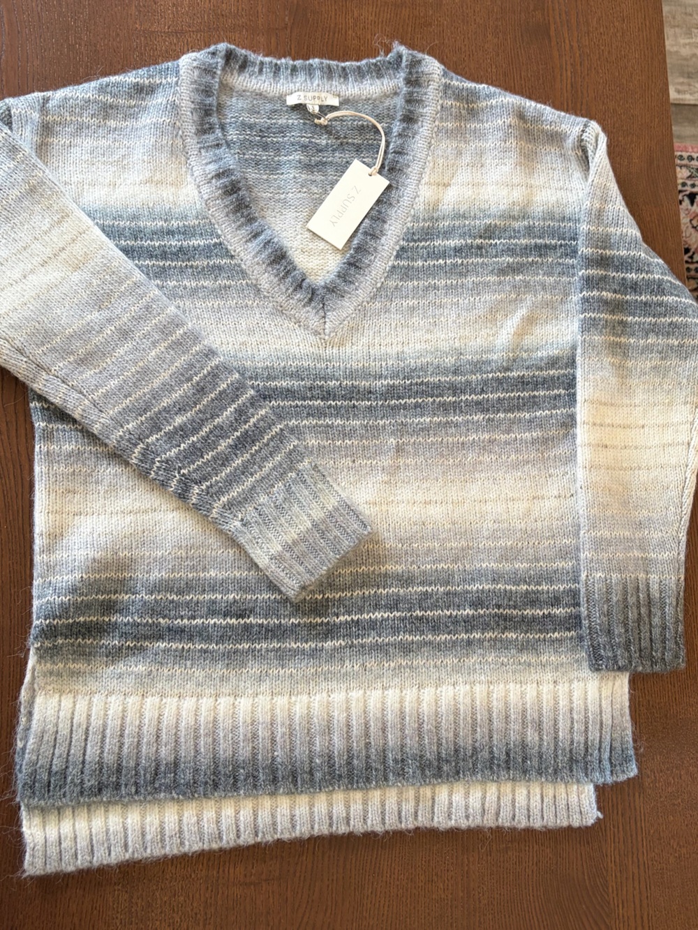Z Supply Striped V-Neck Sweater in Light Blue and Cream